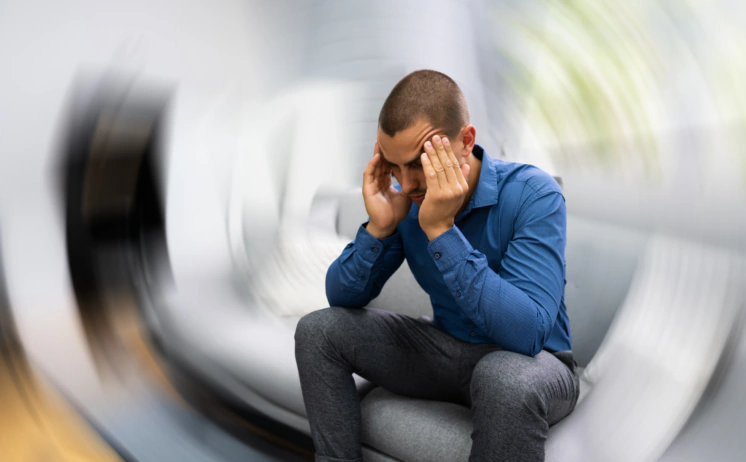 Man holding his head while the room blurs and spins, showing dizziness after concussion